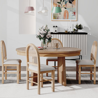 5-Piece Round Retro Extendable Dining Table Set with 4 Comfortable Upholstered Chairs for Family Gatherings in Dining Room and Kitchen