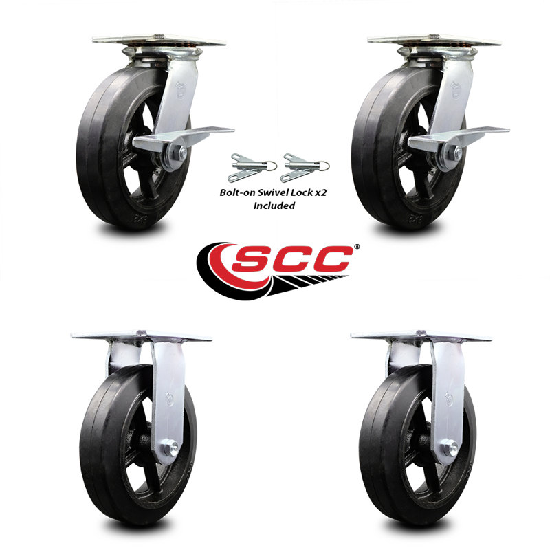 Ensemble de roulettes en caoutchouc sur acier 2 freins / verrous pivotants et 2 CSC rigides