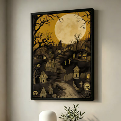 Village hanté d'Halloween sous la pleine lune, tableau sur toile encadré, cadre blanc, 40 x 60 cm