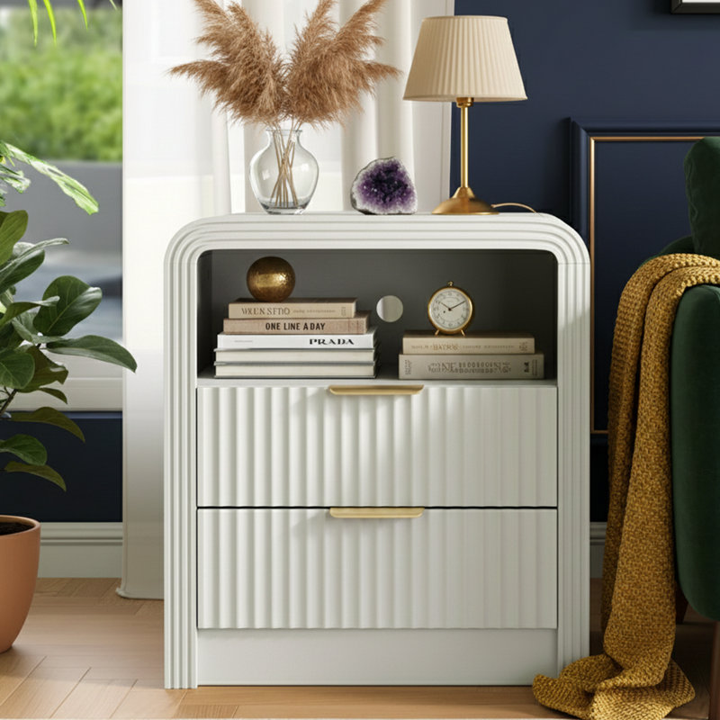 19.7" Fluted Nightstand, USB/Type-C, 2 Drawers, White, White