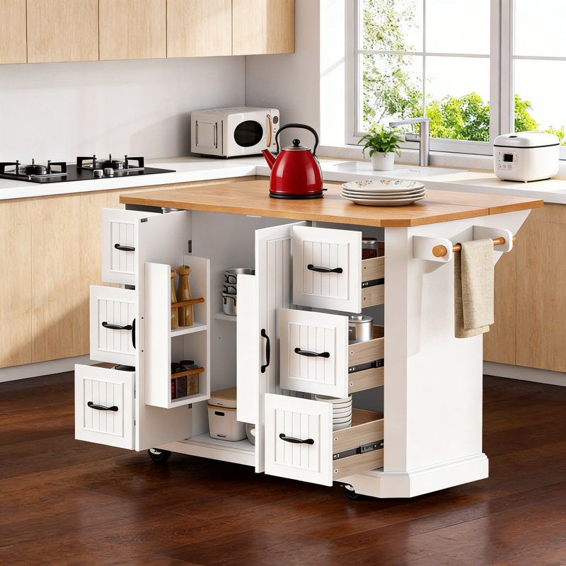 56-Inch Rolling Kitchen Island with Drop Leaf, Power Outlet, 6 Drawers, and Embossed Vertical Stripe Barn Doors for Flexible Storage and Workspace.