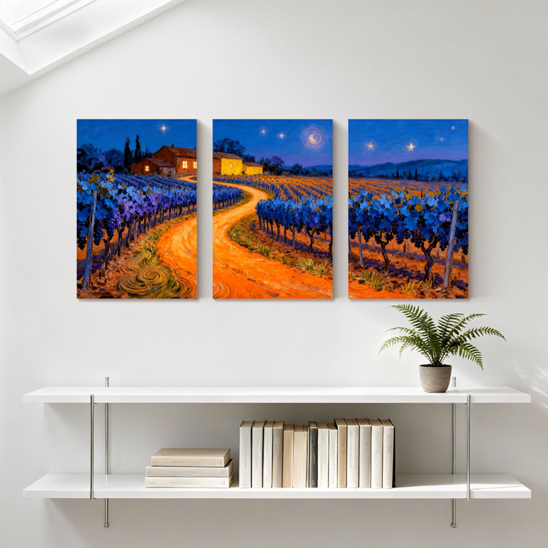 «Abstract Starry Night Vineyard Path Landscape», ensemble de 3 impressions sur toile, H 30 po x l 60 po
