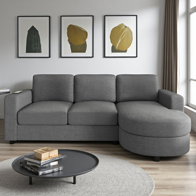 L-Shaped Sectional Sofa With Chaise And USB Ports, Gray Chenille