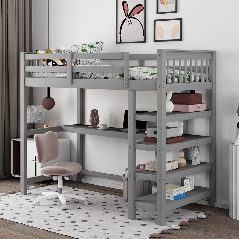 Lit mezzanine en bois massif avec tablettes Gerlean par Harriet Bee, Simple, Gris