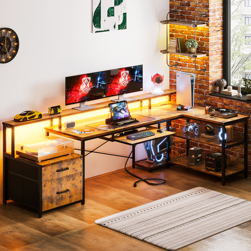 Sholpan LED L-Shaped Desk with Cabinet with Power Outlets, Brown/Black, 35" H x 74.5" W x 39.4" D