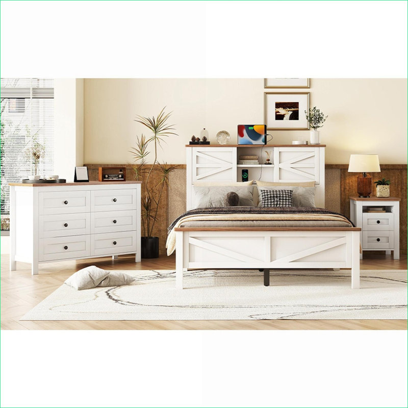 Ensemble de chambre à coucher, maison de campagne 3 pièces, avec charge de rangement, commode de table de chevet pour la chambre principale | Panneau de particules
