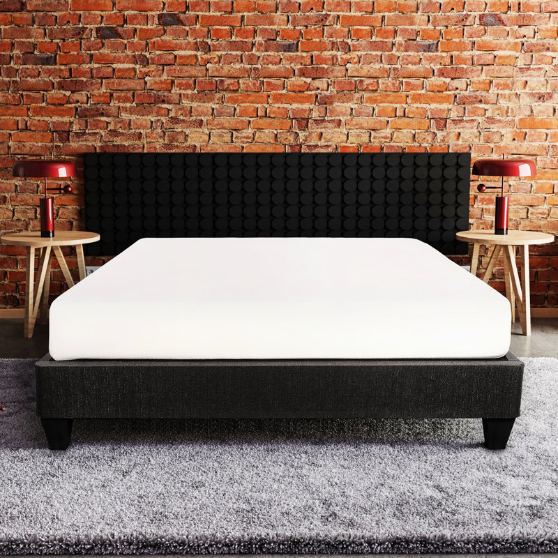 Structure de lit plateforme tapissier gris foncé, sommier double 14 po, style contemporain, bois, sans sommier, doublure rembourrée