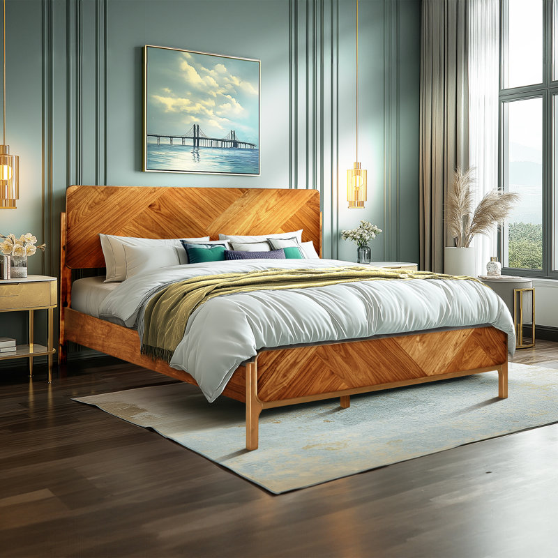 Lit plateforme 100% bois d'acacia massif avec tête de lit et pied de lit Bifrost, design Mid-Century Art déco, aucun sommier requis, support de lattes robuste, résistant aux égratignures et à l'eau