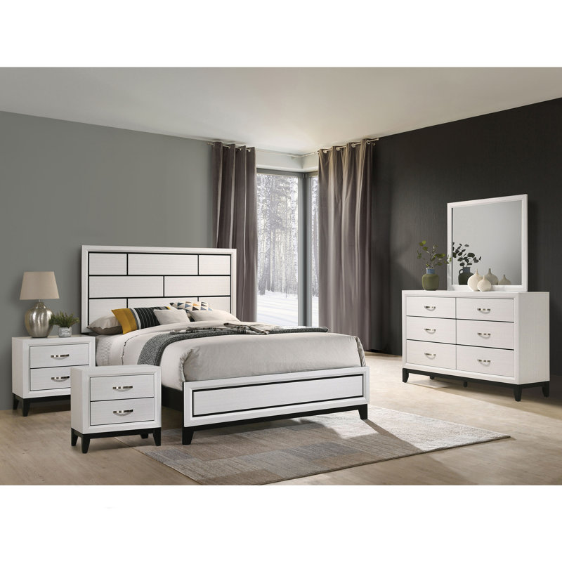 Ferris Beeson 5-Piece Bedroom Set, Grand lit, Noir / blanc, 5 Pcs: Bed, 2 Nightstand, Double Dresser, Mirror
