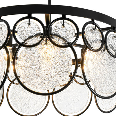 6 - Light Art Deco Rippled Discs Tiered Round Glass Drum Chandelier