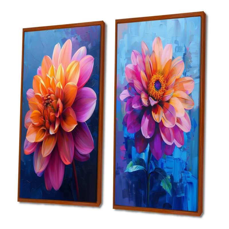 Dahlia mauve orange sur fond bleu I - ensemble d'art mural 2 pièces Dahlia, Brun, H 28 po x l 24 po, Impression encadrée
