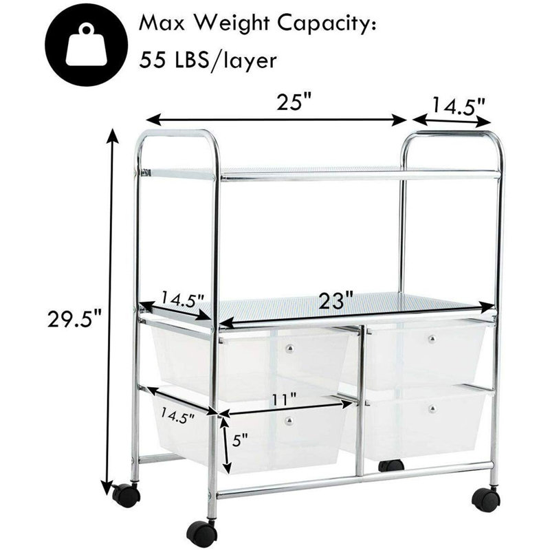 Chariot de rangement roulant 4 tiroirs, Transparent