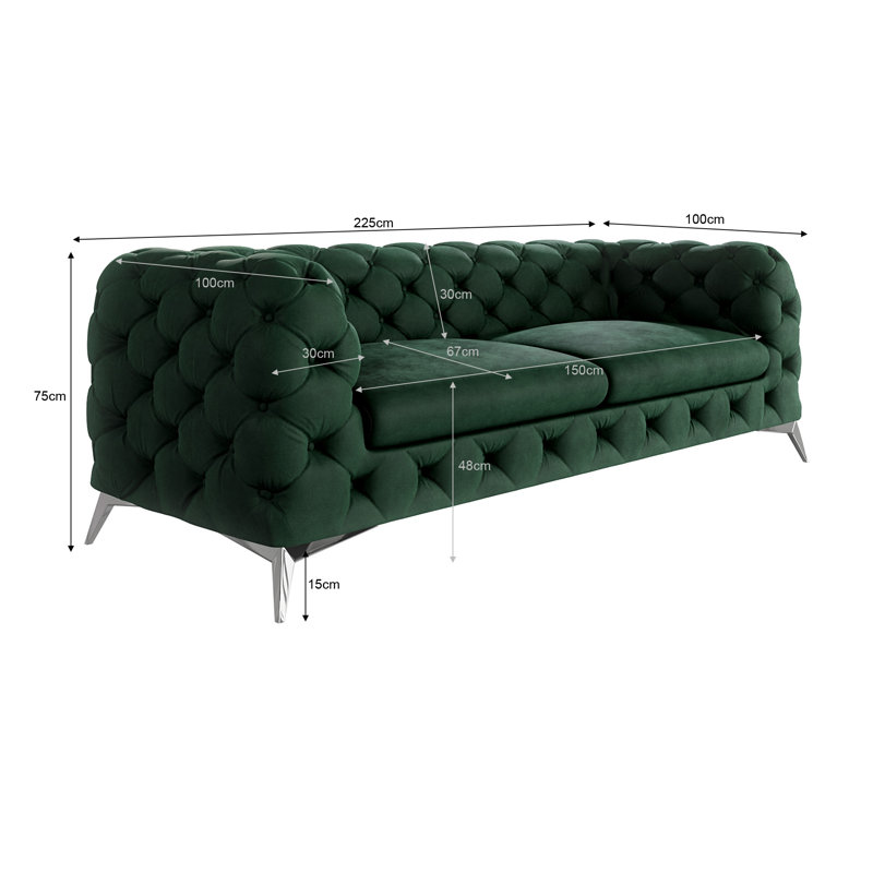 Chesterfield Sofa  3 Seater with Silver Metal Legs, Bottle Green