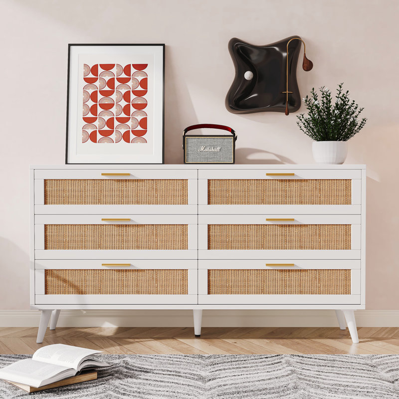 White and Natural Double Dresser with Rattan Drawers