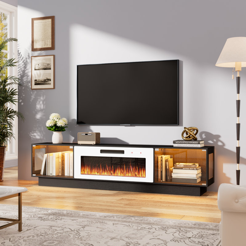 80" Tv Stand With 36" Inch Electric Fireplace Up To 90" Tvs, Led Light Entertainment Center With Two Large-capacity Glass Cabinets