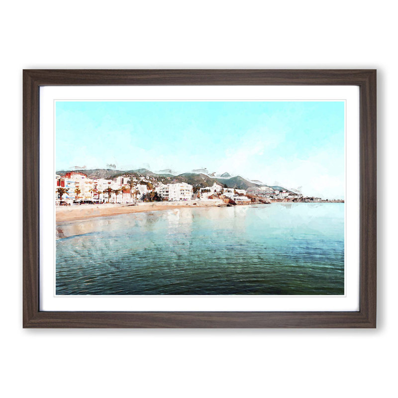 Shoreline of Sitges in Spain in Abstract - Picture Frame Graphic Art Print, 60cm H x 91cm W x 2cm D, Walnut
