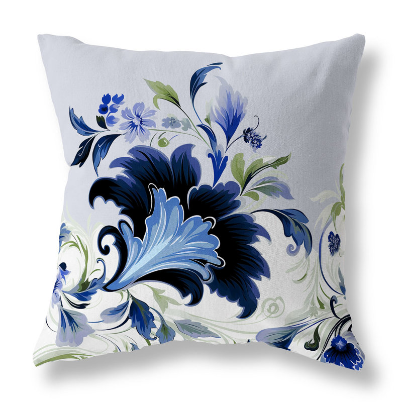 Blue and Green Damask Square Indoor/Outdoor Throw Pillow