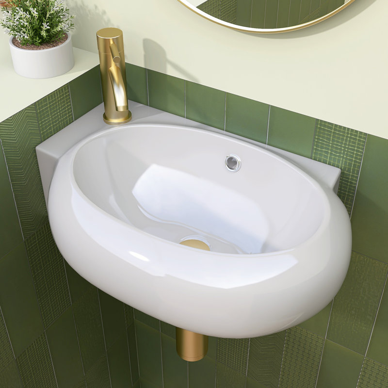 16.9 X 11.3 X 5.9 In. Ceramic Wall-Mounted Bathroom Mini Vessel Sink With Single Wall Hung Left Faucet Hole In White