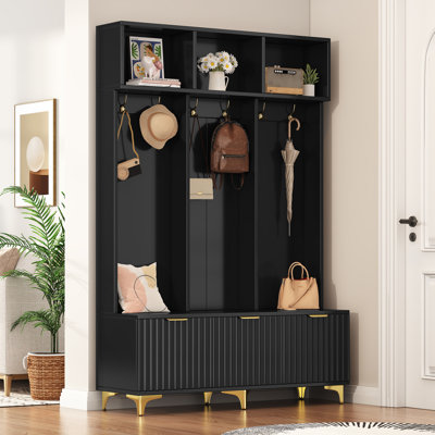 Roomfitters Modern Hall Tree with Storage Bench, Entryway Organizer with High Gloss Fluted Doors and 6 Gold Coat Hooks, Black