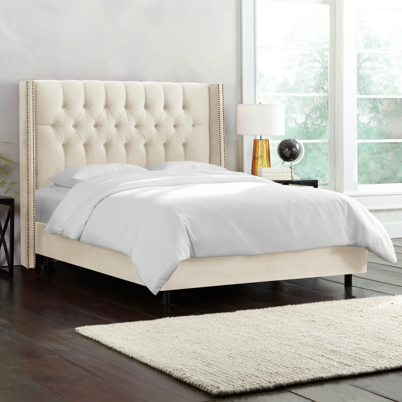 Lit capitonné standard à profil bas, Très grand, Velours luxueux neige