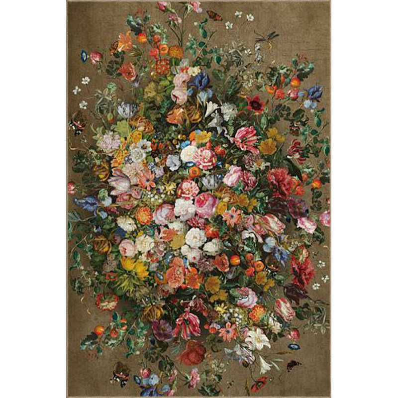 Tapis floral multicolore brun lavable à la machine, Sous-tapis rond 4 pi 11 po inclus