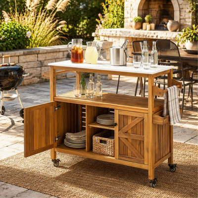 Outdoor Patio Acacia Wood Bar Cart,  Finish, Set of 1