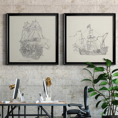 " Antique Ship Sketch V " 2 - Pieces
