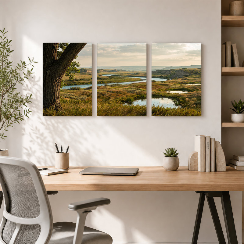 «Winding River Through Grassy Plains and Bluff», ensemble de 3 toiles murales, H 18 po x l 12 po x 3 pièces
