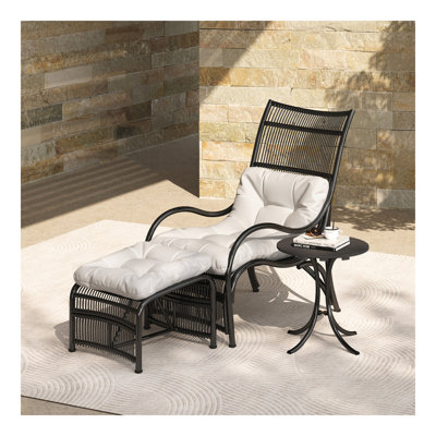 3 Pieces Wicker Outdoor Patio Furniture Set with Lounge Chair, Balcony Chairs Table Set with Cushions, Ottoman, Patio Conversation Sets for Garden ,Deck,and Porch, Beige