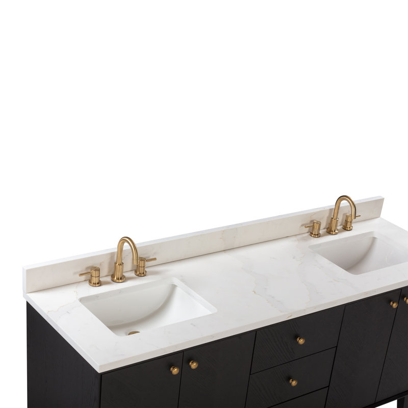 Adele 72" Free Standing Double Bathroom Vanity with Quartz Top, Black, Gold