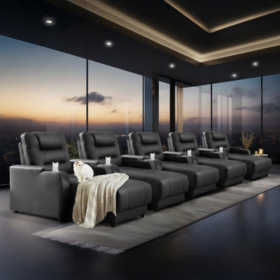Modern Electric Power Reclining Home Theater Set: Breathable Faux Leather, Adjustable Backrests, Wireless Charging, Cup Holders (Set Of 5) by Latitude Run