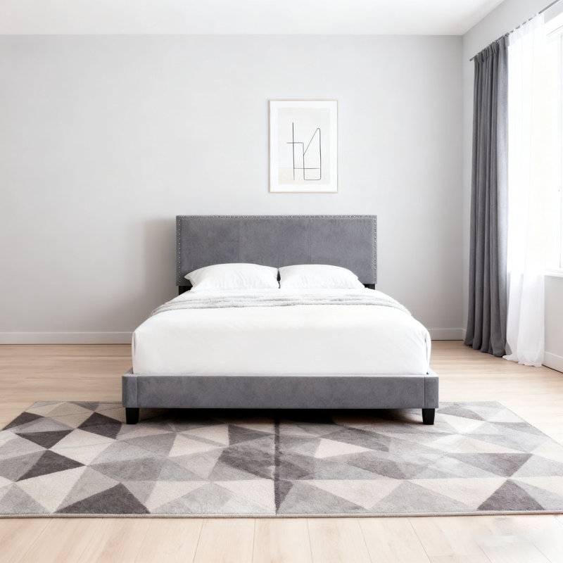 Lit plateforme tapissier en lin, gris