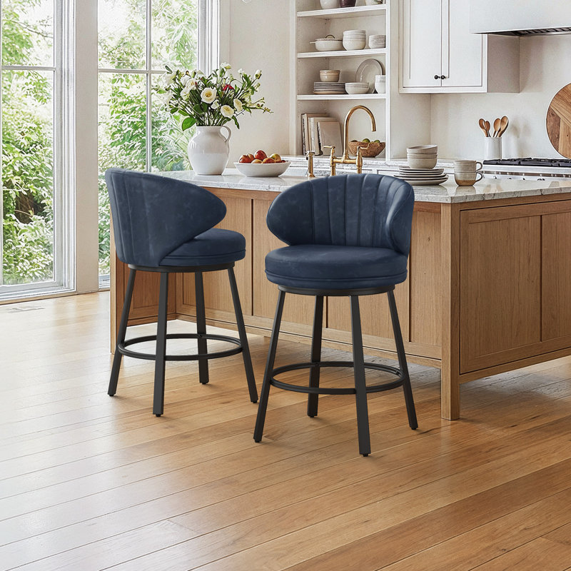 Upholstered Swivel Counter & Bar Stools With Back, Navy Blue/Faux Leather