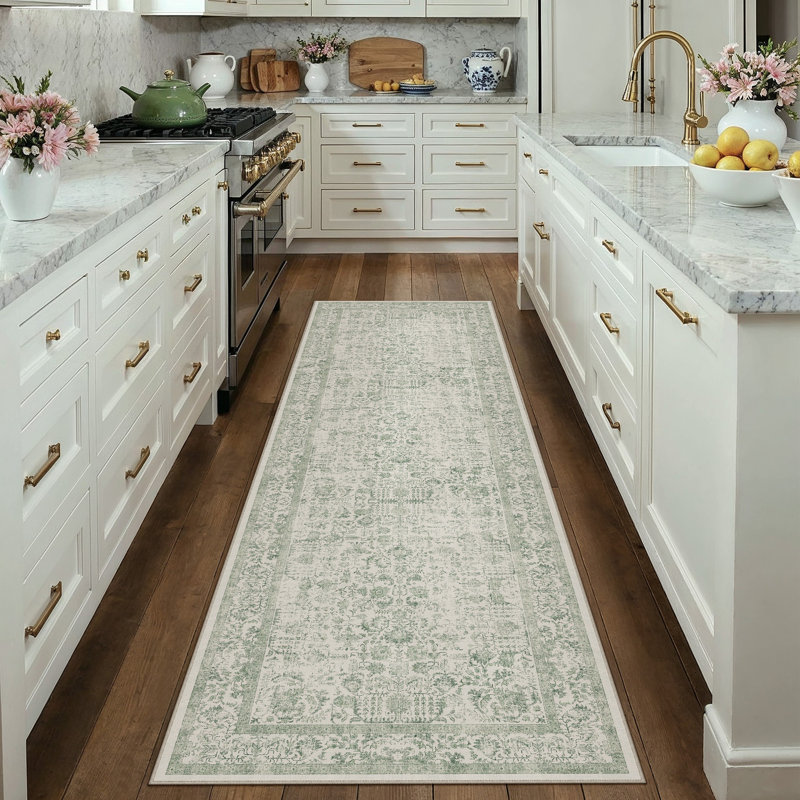 Tapis vintage lavable à la machine avec envers antidérapant Arnedo, Vert, 0.28", Tapis de couloir 2 pi x 8 pi