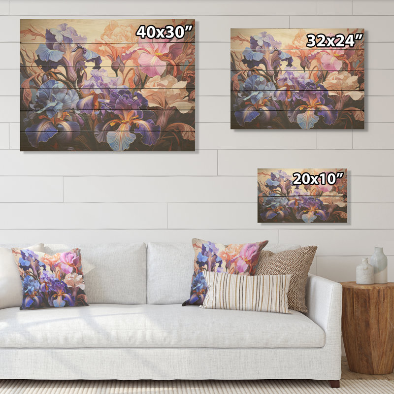 Mauve et rose, féroces iris, expression sauvage, fleurs, iris, art mural sur bois de pin naturel, H 30 po x l 40 po
