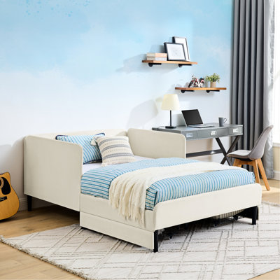 Structure de lit double tapissier pleine grandeur avec 2 tiroirs de rangement, velours beige réglable pour lit pratique et confortable, petit décor de tiroir