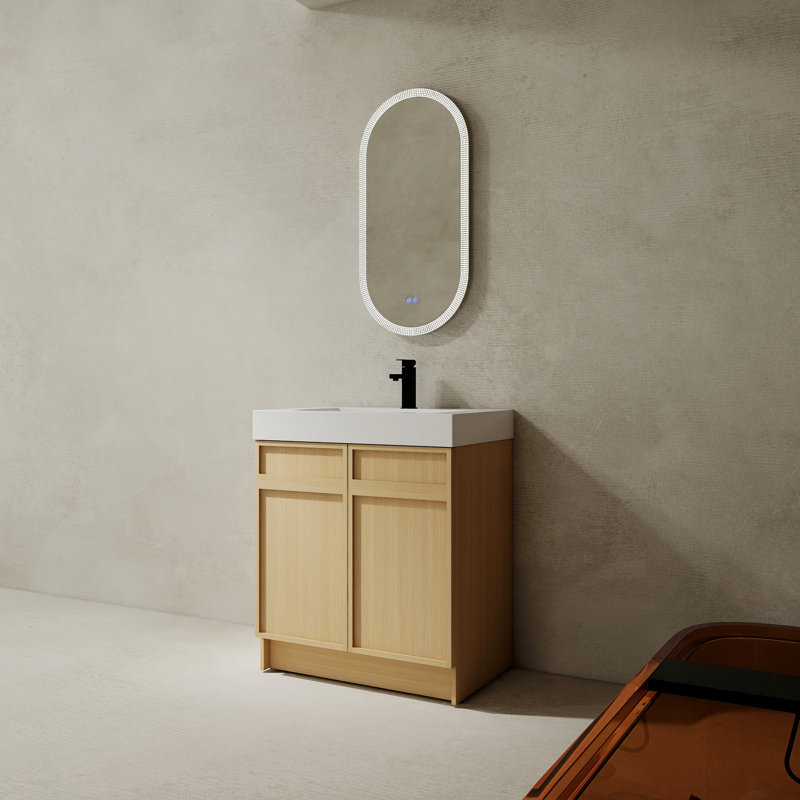 Meuble-lavabo autoportant à structure en bois avec lavabo en résine et 2 portes à fermeture en douceur
