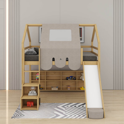 Wooden Loft Bed House-Shaped Frame With A Tent
