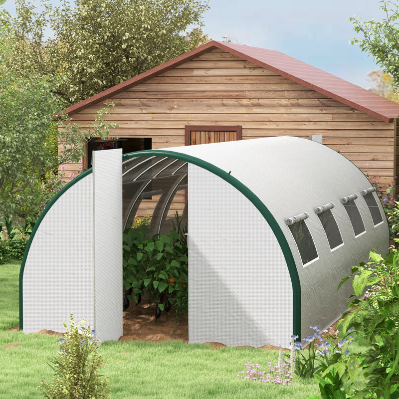 Serre de tunnel 24,6 pi x 10 pi x 6,6 pi, structure renforcée avec 2 portes à charnières, 10 fenêtres en filet, blanc, Blanc