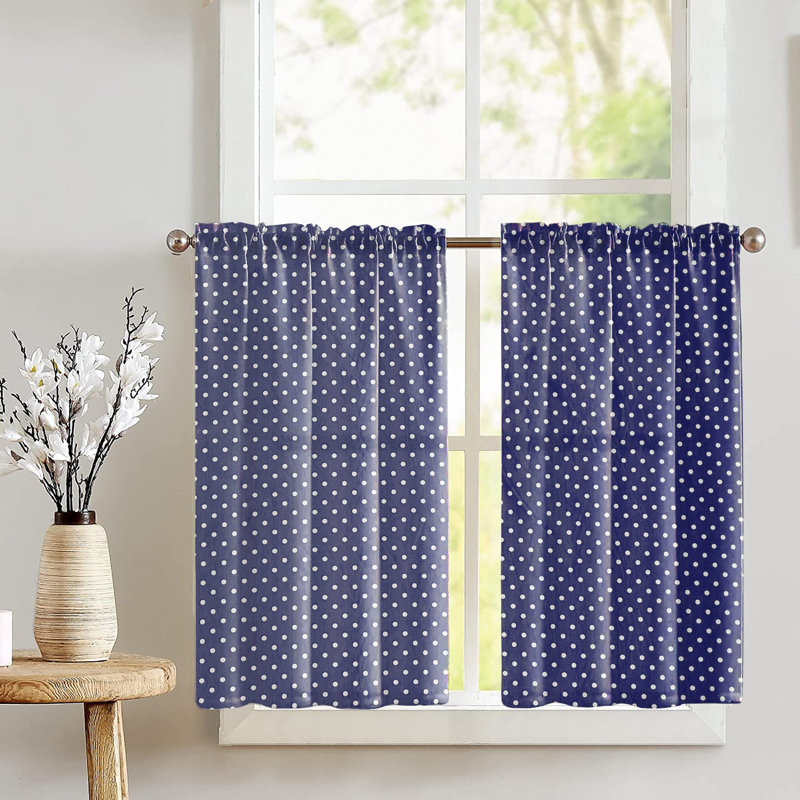 Rideau de café à pois sur mesure en mélange de coton l 27 po, Bleu marine/blanc