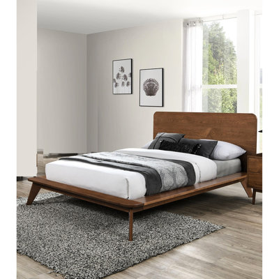 Cadre de lit en bois massif de style Mid-Century moderne de couleur noyer de style oriental, tête de lit à panneau, pieds inclinés effilés, lit plateforme avec matelas compatible