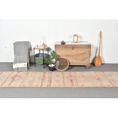 Handwoven Vintage Turkish Runner Rug in Boho Style for Hallway Decor crafted from Natural Wool Brown/Pink