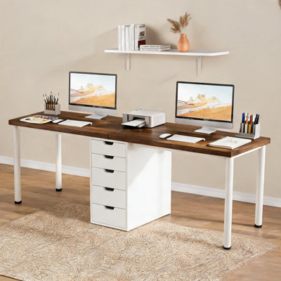 78.8-Inch Two-Person Computer Desk with Drawers, Wood, Rustic Brown and Classic White
