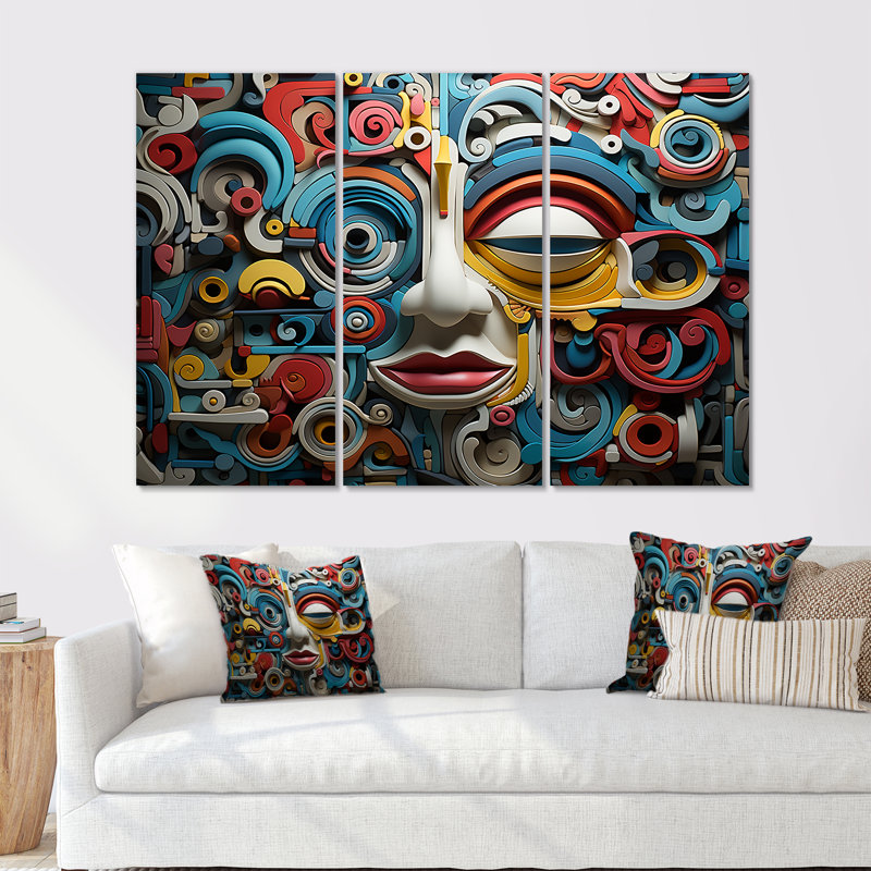 Masque géométrique d'art mexicain - ensemble d'art mural mexicain, H 28 po x l 36 po