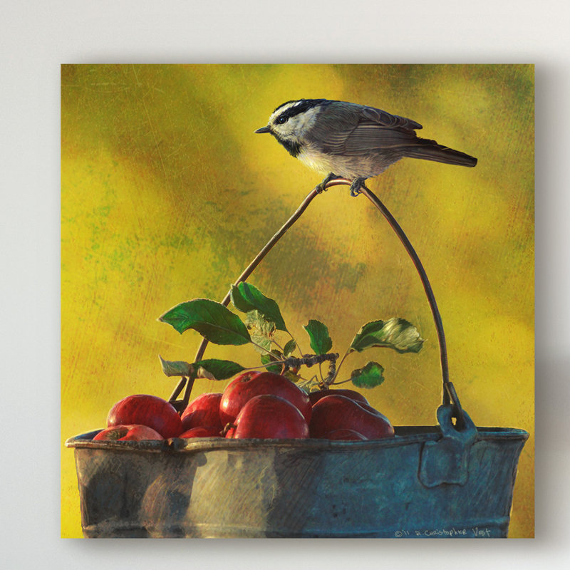 «Apples and Chickadee», reproduction sur toile tendue, H 14 po x l 14 po x P 2 po