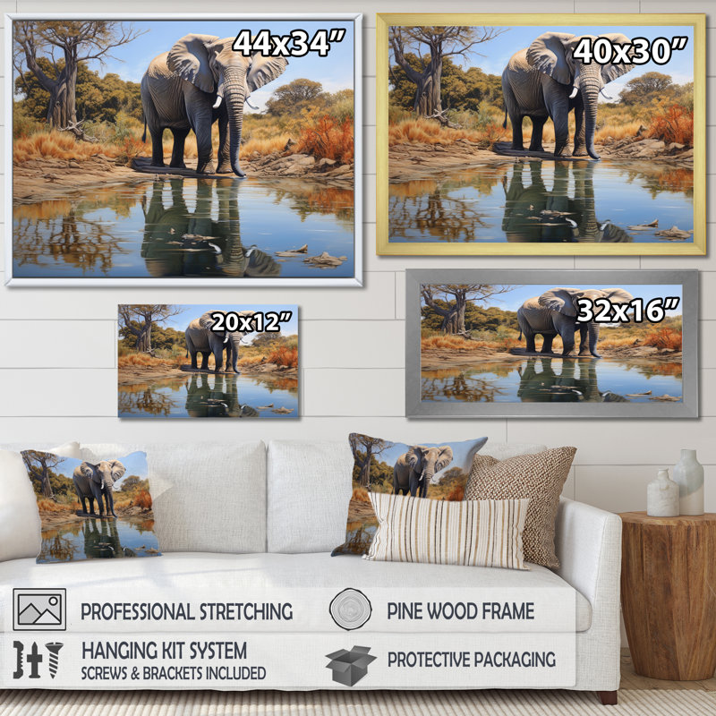" Elephant Reflection ", Gold Picture Framed, 12" H x 20" W x 1" D