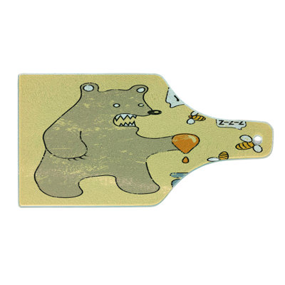 Ambesonne Cartoon Tempered Glass Cutting Board Bear Bees Honey Comic Taupe Yellow