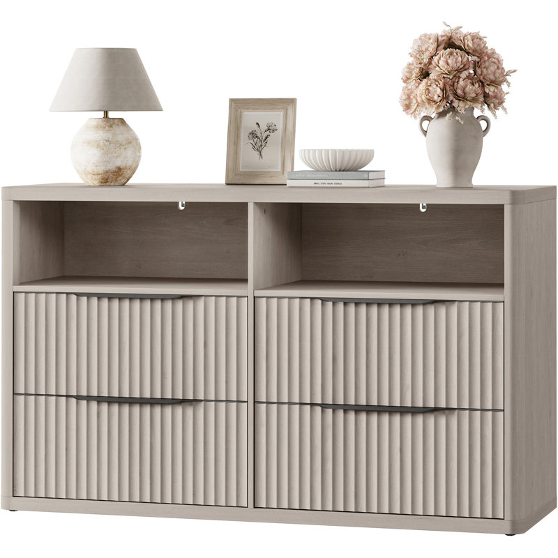  56.5"W Modern Fluted 4-Drawer Dresser With 2 Large Open Storage, White Alder