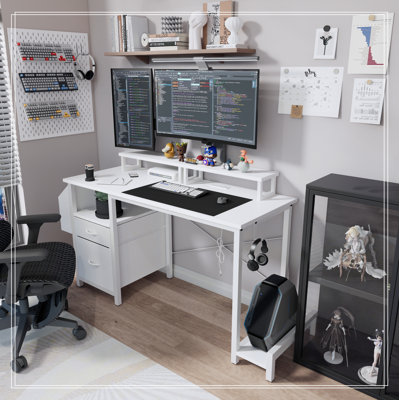 47.3" Computer Desk with power outlet,Monitor Stands,Shelves, Office Desk/Writing Table/Gaming desk With drawers,Large Side Pocket and Hooks,Easy to Assemble,Frame stability Reversible