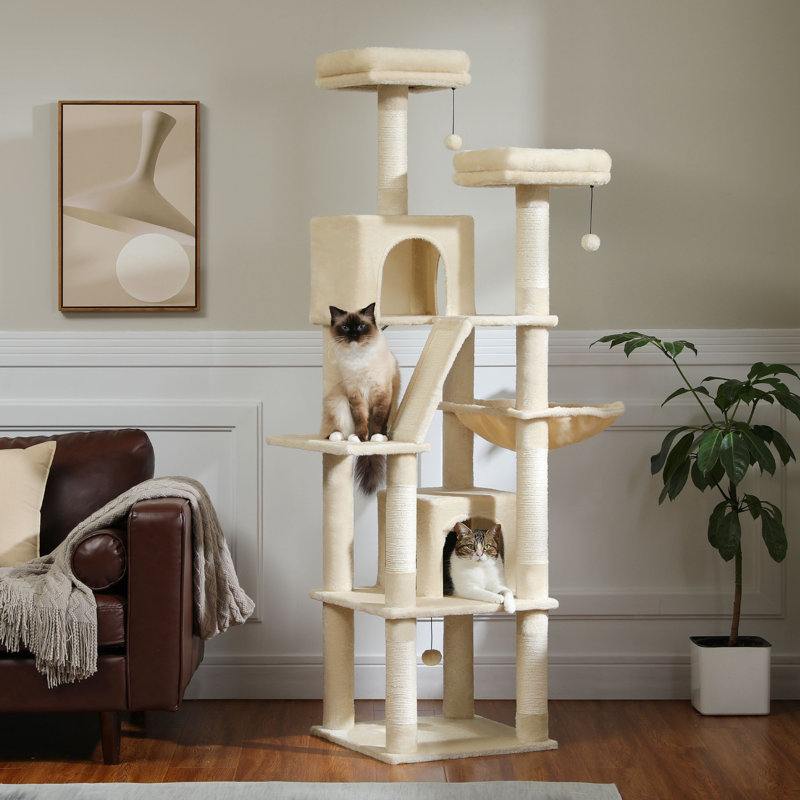 Grand arbre à chat avec appartement, hamac et balle jouet, Beige